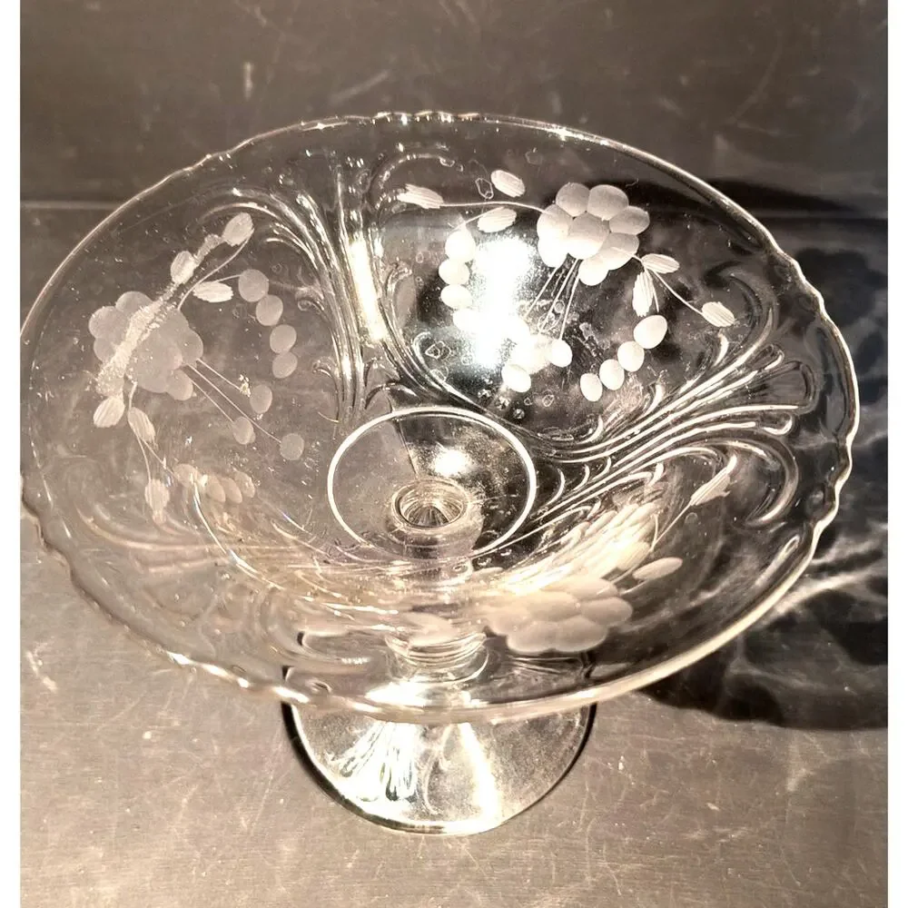 1147. Vintage Etched Crystal Compote Pedestal Base UV Reactive